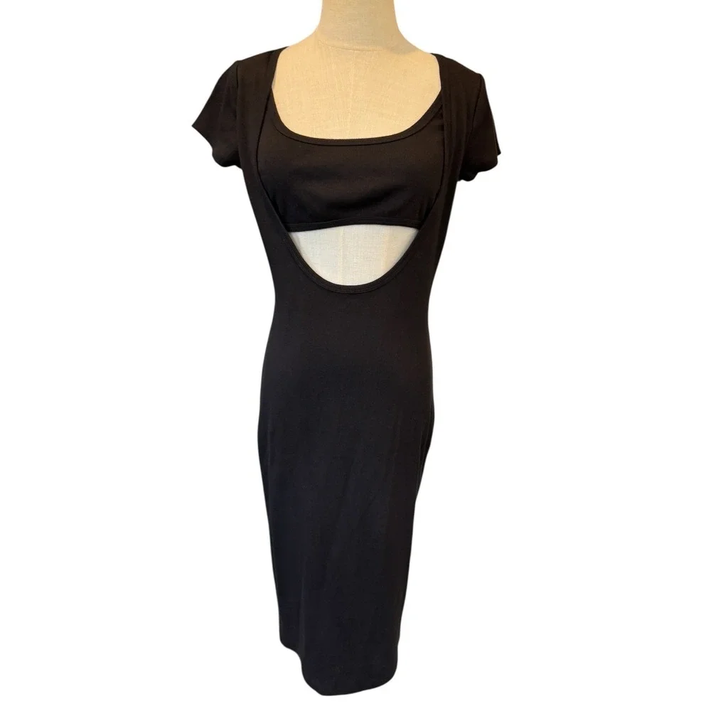 Anthropologie t.la Black Ribbed‎ Cutout Midi Bodycon Dress XS New LBD NWT